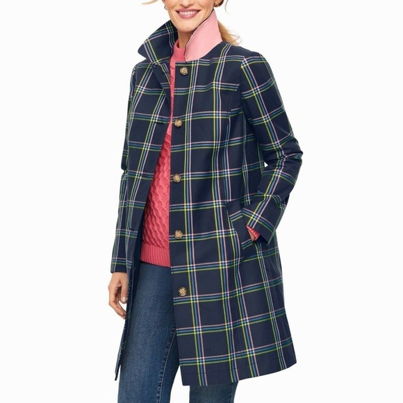 Talbots Plaid Mac Coat Jacket Size 3X Navy Pink Yellow A-Line Classic Outerwear - Picture 1 of 12